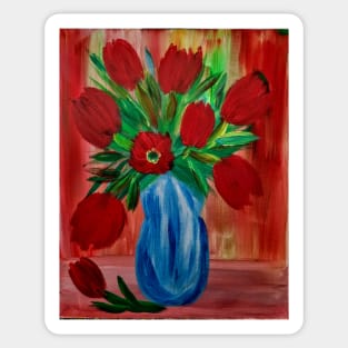 A burst of color and positive energy came to life in this painting. Some tulips in vase Sticker